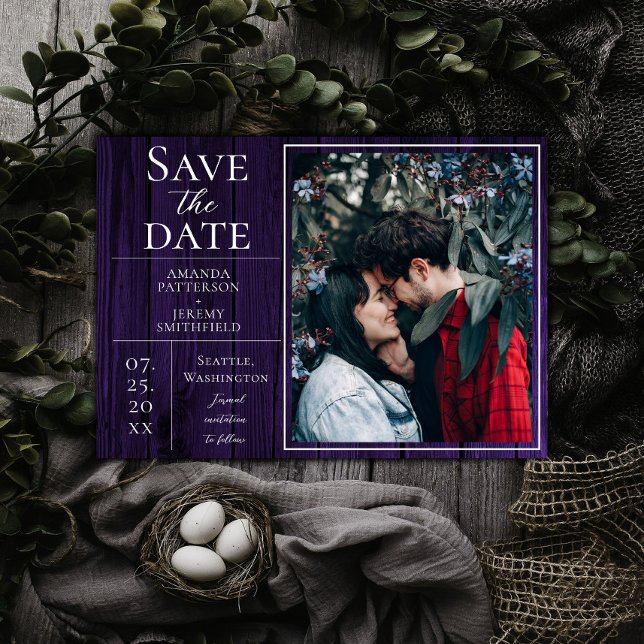 Rustic and Simple Photo | Purple Save the Date (Purple Rustic and Simple Photo Save the Date)