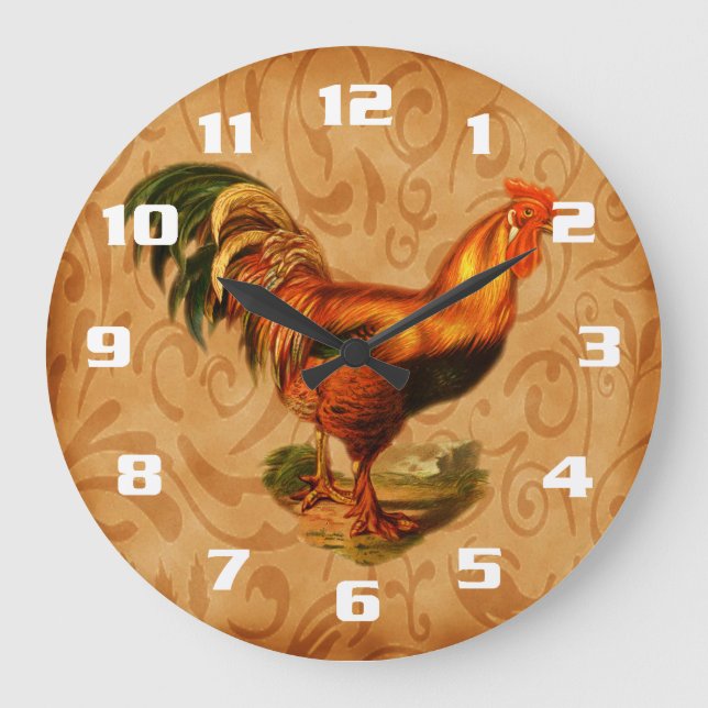 Rustic and Vintage Country Rooster Kitchen Large Clock (Front)