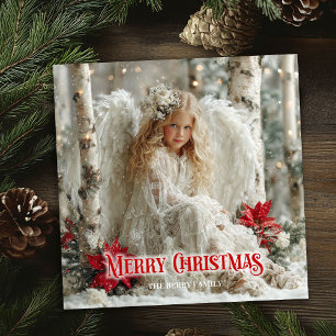 Rustic angelic angel red gold festive beautiful holiday card
