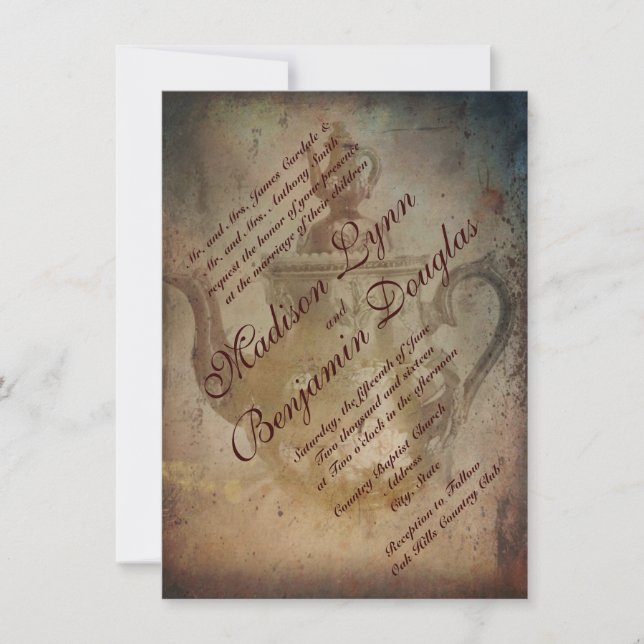 Rustic Antique English Teapot Wedding Invitations (Front)