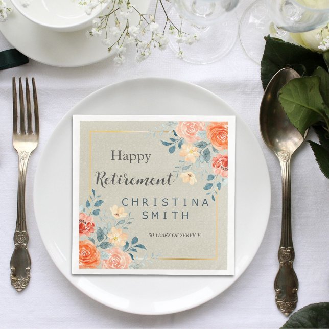 Rustic Antique Floral Watercolor Retirement Party Napkin (Rustic Antique Floral Watercolor Retirement Party Paper Dinner Napkins)
