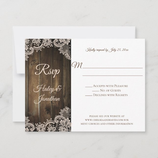 Rustic Antique Lace and Barn Wood RSVP Card (Front)