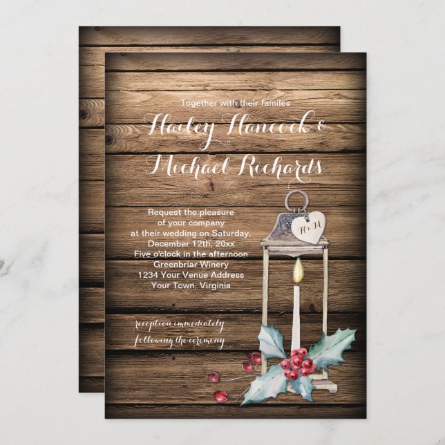 Rustic Antique Lantern Holly Christmas Wedding Invitation (Front/Back)