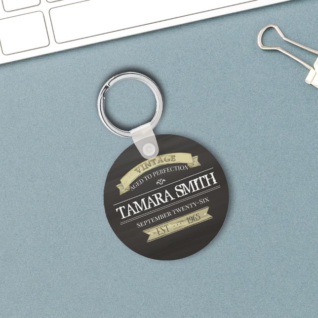 Rustic Antiqued Vintage Birthday Key Ring (Birthday Vintage sign custom keychain)