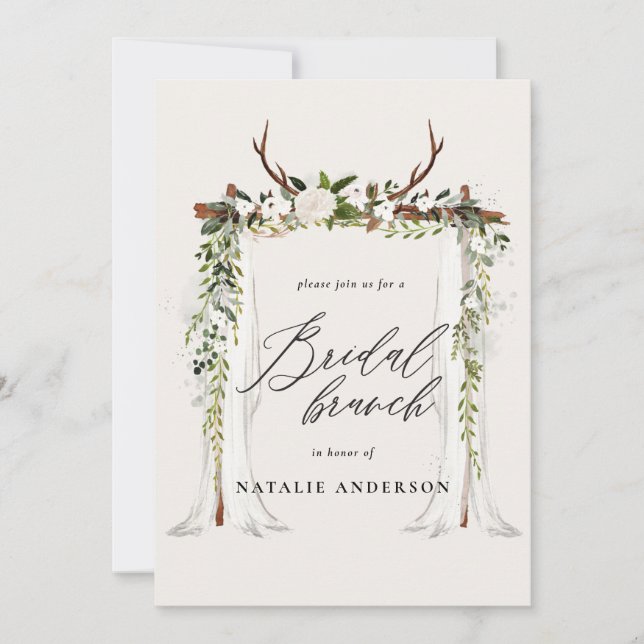 Rustic antler and foliage bridal brunch shower  save the date (Front)