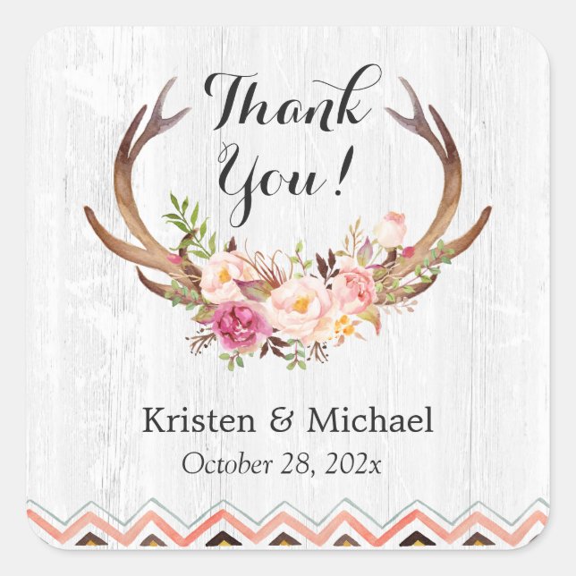 Rustic Antler Boho Floral White Wood Thank You Square Sticker (Front)