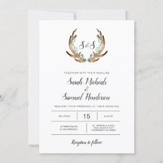 Rustic Antler & Dark Greenery Watercolor Wedding Invitation
