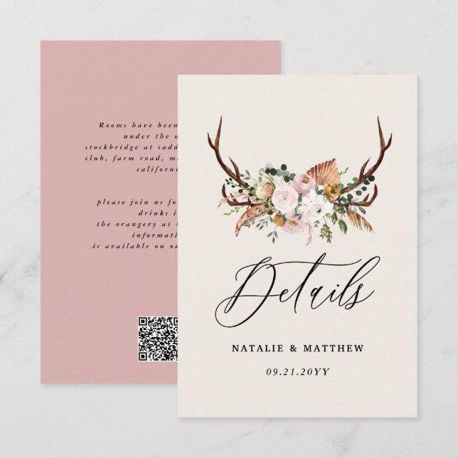 Rustic Antler Floral Wedding woodland Boho Details Enclosure Card (Front/Back)