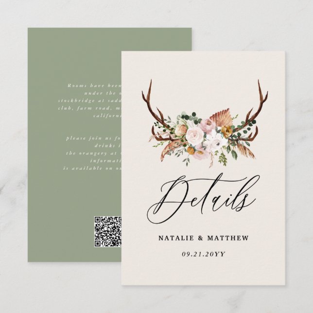 Rustic Antler Floral Wedding woodland Boho Details Enclosure Card (Front/Back)