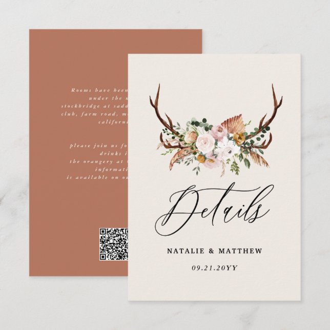 Rustic Antler Floral Wedding woodland Boho Details Enclosure Card (Front/Back)