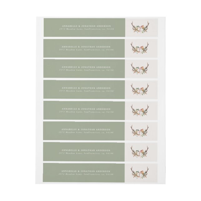 Rustic Antler Floral Wraparound Boho Wedding Wrap Around Label (Sheet)