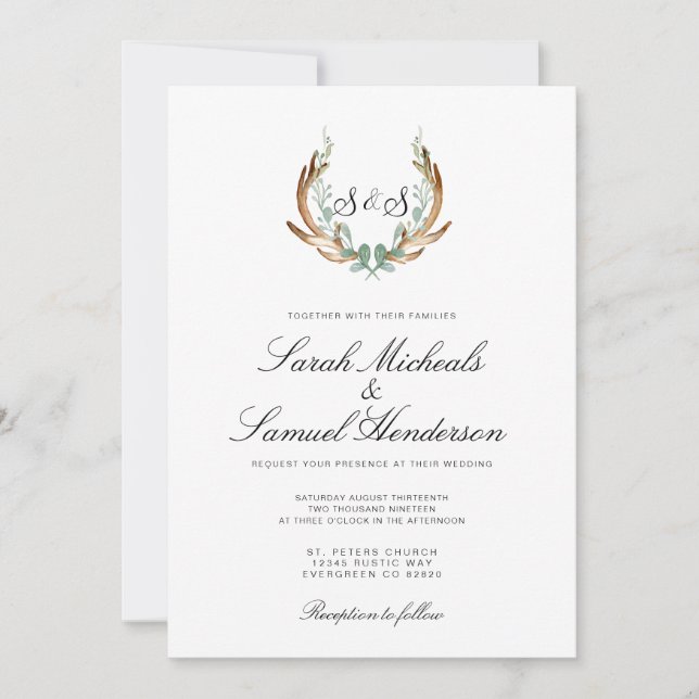 Rustic Antler | Formal Watercolor Wedding Invitation (Front)