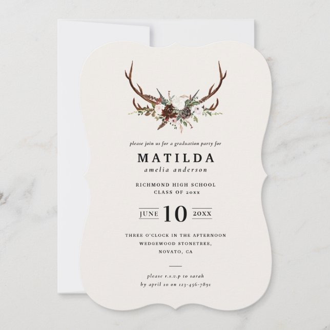 Rustic antler graduation party invite (Front)