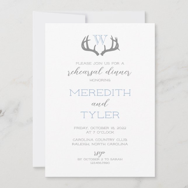 Rustic Antler Monogram Rehearsal Dinner Invitation (Front)