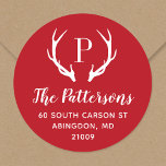 Rustic Antler Monogram Return Address Label<br><div class="desc">Custom round return address stickers personalised with your family monogram and address. This modern rustic design features your monogram initial with deer antlers in festive red and white colours. Use the design tools to change the background colour and fonts to further customise your own unique design. Perfect for addressing holiday...</div>
