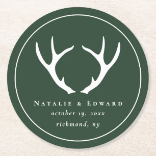 Rustic antler save the date round paper coaster