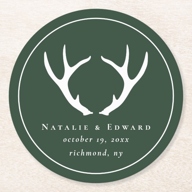 Rustic antler save the date round paper coaster (Front)