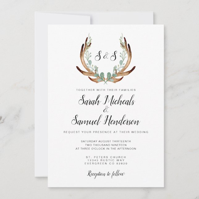 Rustic Antler | Watercolor Wedding Invitation (Front)