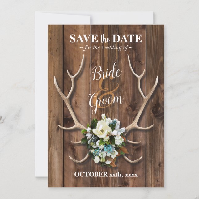 Rustic Antler with Magnolia save the date card (Front)