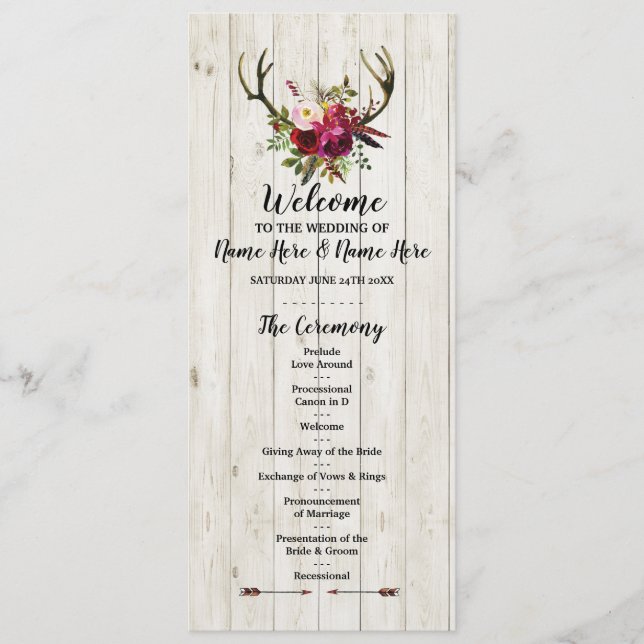 Rustic Antler Wood Flowers Floral Wedding Program Programme (Front)