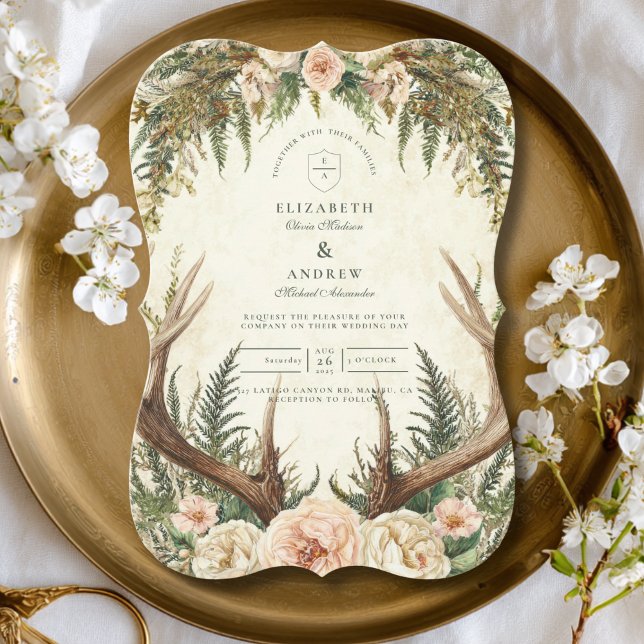 Rustic Antler Woodland Floral Wedding Invitation (Creator Uploaded)