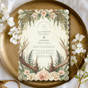 Rustic Antler Woodland Floral Wedding Invitation