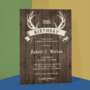 Rustic Antlers Banner Barnwood Male’s Birthday Invitation