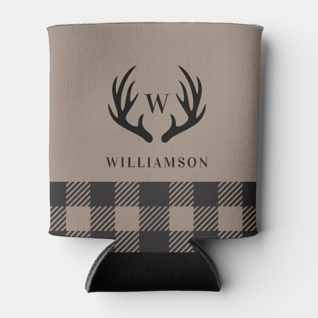 Rustic Antlers Black Buffalo Plaid Monogrammed  Can Cooler (Front)