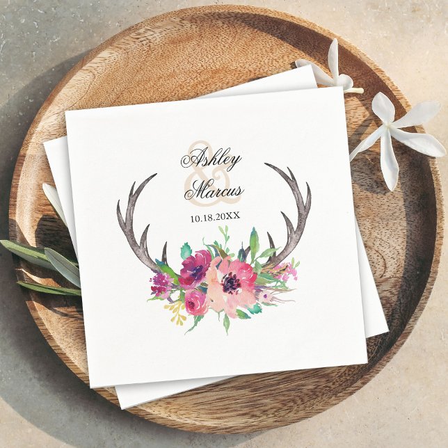 Rustic Antlers Boho Floral Allure Napkin (Creator Uploaded)