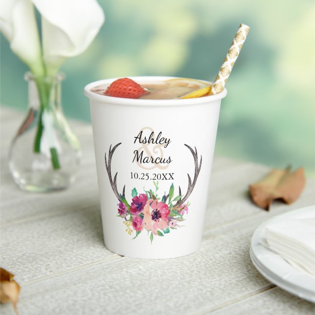 Rustic Antlers Boho Floral Allure Wedding Paper Cups (Insitu)