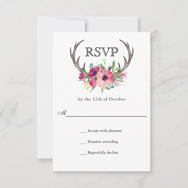 Rustic Antlers Boho Floral Allure Wedding RSVP Card (Front)