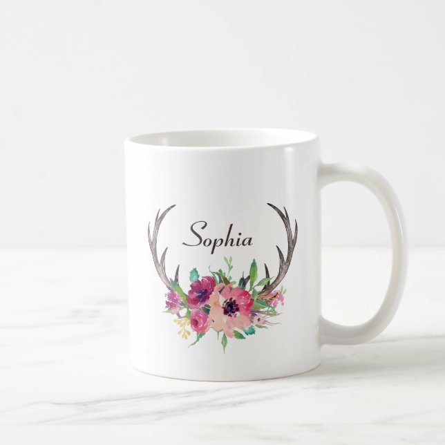 Rustic Antlers Boho Floral with Monogram Coffee Mug (Right)