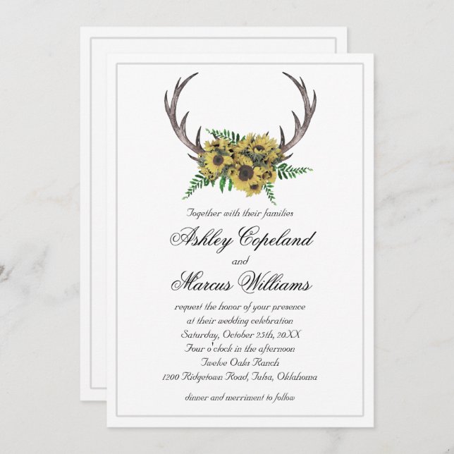 Rustic Antlers Boho Sunflowers Floral Wedding Invitation (Front/Back)