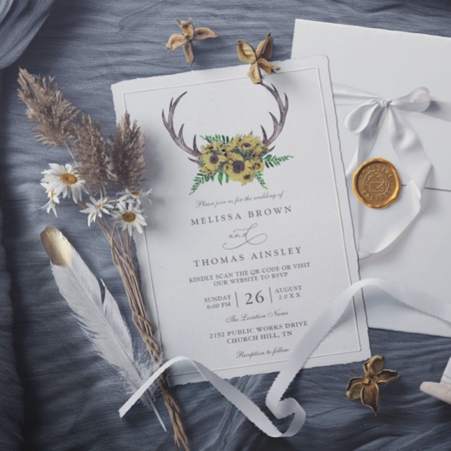 Rustic Antlers Boho Sunflowers QR Code Wedding Invitation (Creator Uploaded)