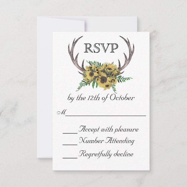 Rustic Antlers Boho Sunflowers Wedding RSVP Card (Front)