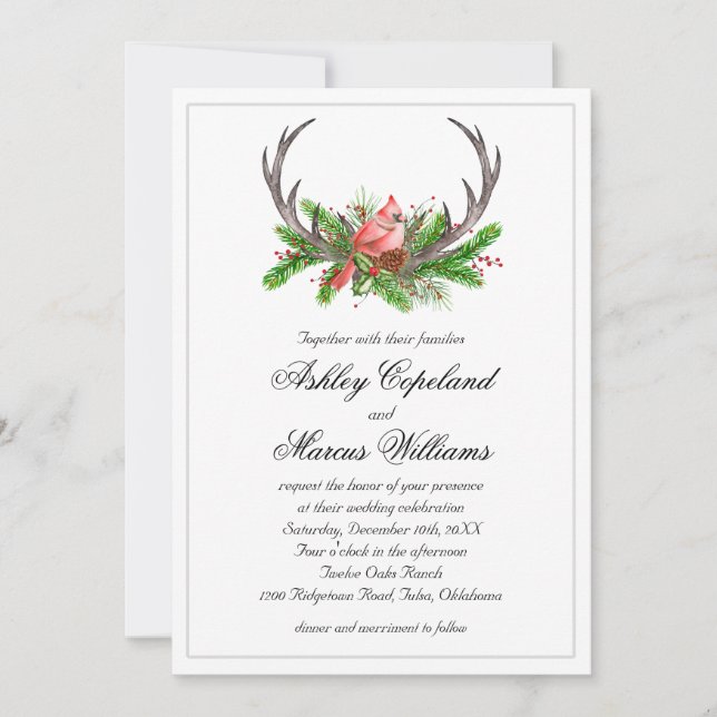 Rustic Antlers Boho Woodland Winter Wedding Invitation (Front)