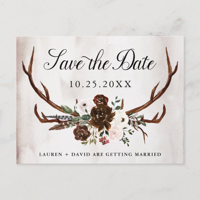 Rustic Antlers Burgundy Rose Floral Save the Date  Announcement Postcard (Front)