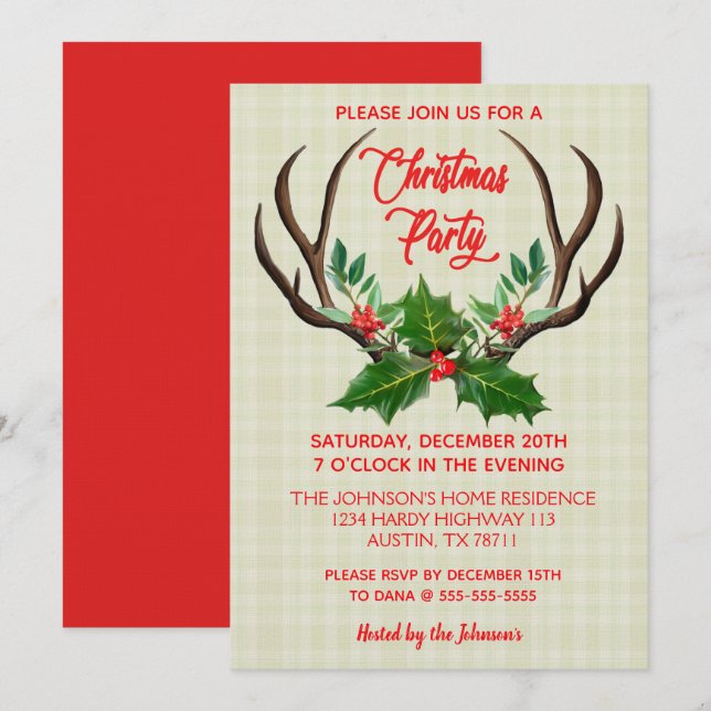 Rustic Antlers Christmas Party Invitation (Front/Back)