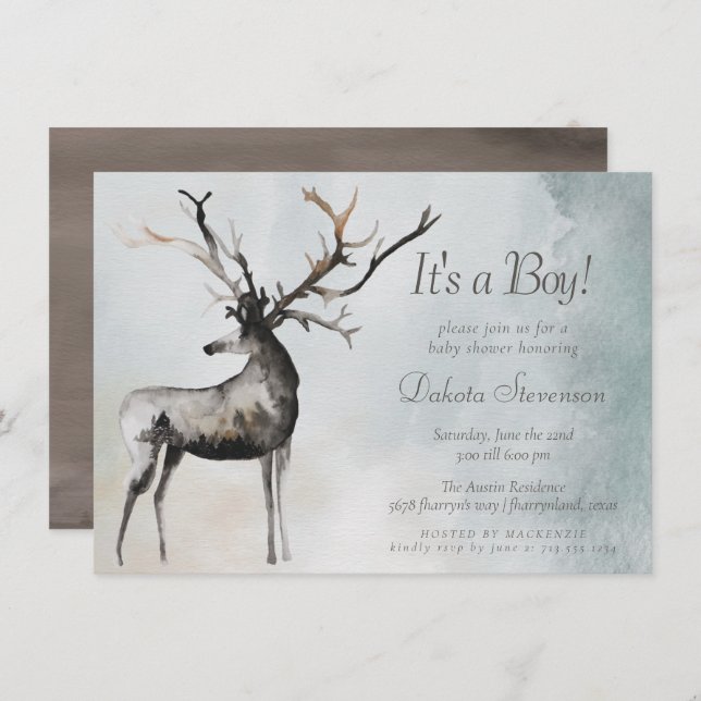 Rustic Antlers | Ethereal Woodland Baby Boy Shower Invitation (Front/Back)