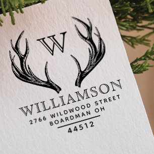 Rustic Antlers Family Monogram Return Address Rubber Stamp