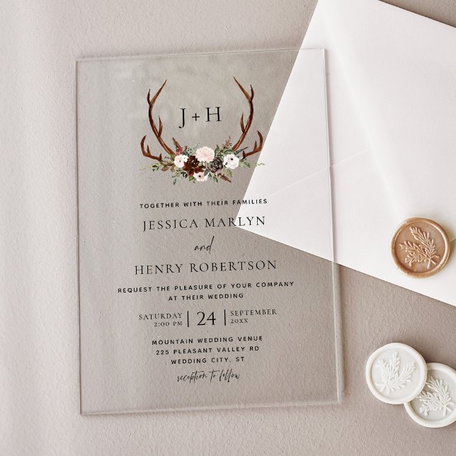 Rustic Antlers Floral Boho Wedding Acrylic Invitations (Creator Uploaded)