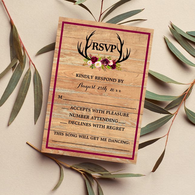Rustic Antlers Floral Burgundy Wood Response/RSVP RSVP Card (Creator Uploaded)