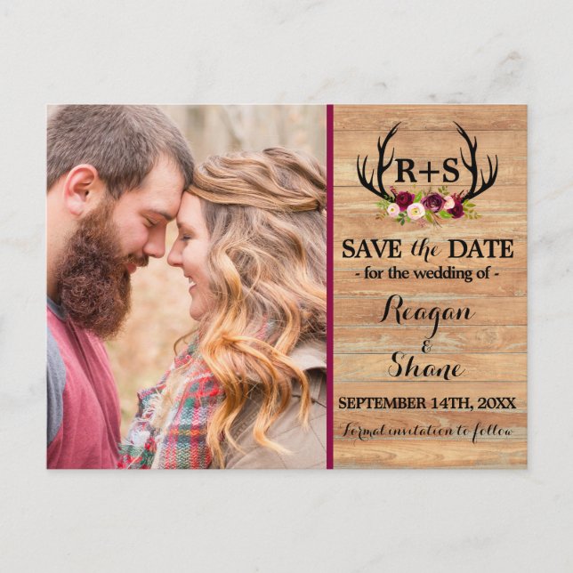Rustic Antlers Floral Burgundy Wood Save The Date Announcement Postcard (Front)