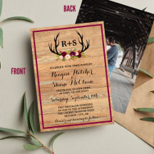 Rustic Antlers Floral Burgundy Wood Wedding