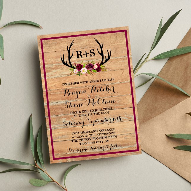 Rustic Antlers Floral Burgundy Wood Wedding Invitation (Creator Uploaded)