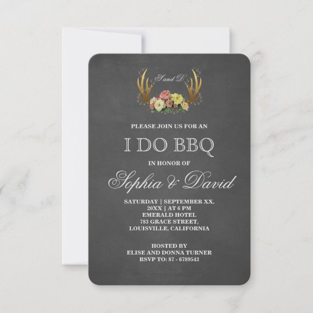 Rustic Antlers Floral Chalk I DO BBQ Invitation (Front)