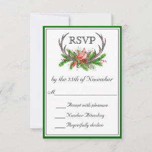 Rustic Antlers Green Edge Wedding RSVP Card