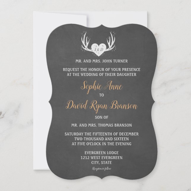 Rustic Antlers & Heart Chalkboard Wedding Invite (Front)
