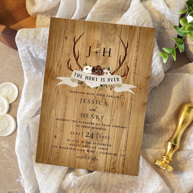 Rustic Antlers Hunt is Over Boho Wedding Invitation (Creator Uploaded)