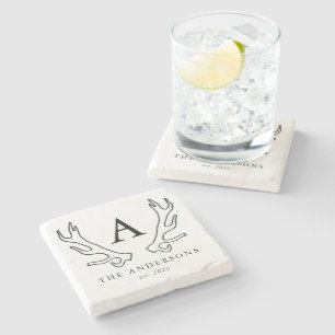 Rustic Antlers Monogram Stone Coaster